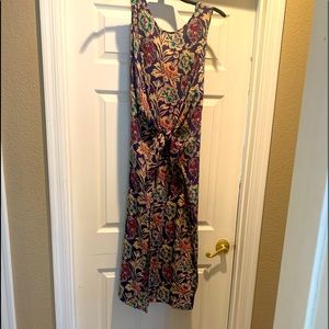 Paisley-like multi-color floral print midi-dress, 100% silk, size S.